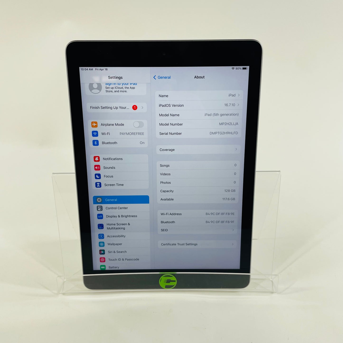 WiFi Only Apple iPad 5th Gen 128GB 16.7.1 SPACE GRAY MP2H2LL/A