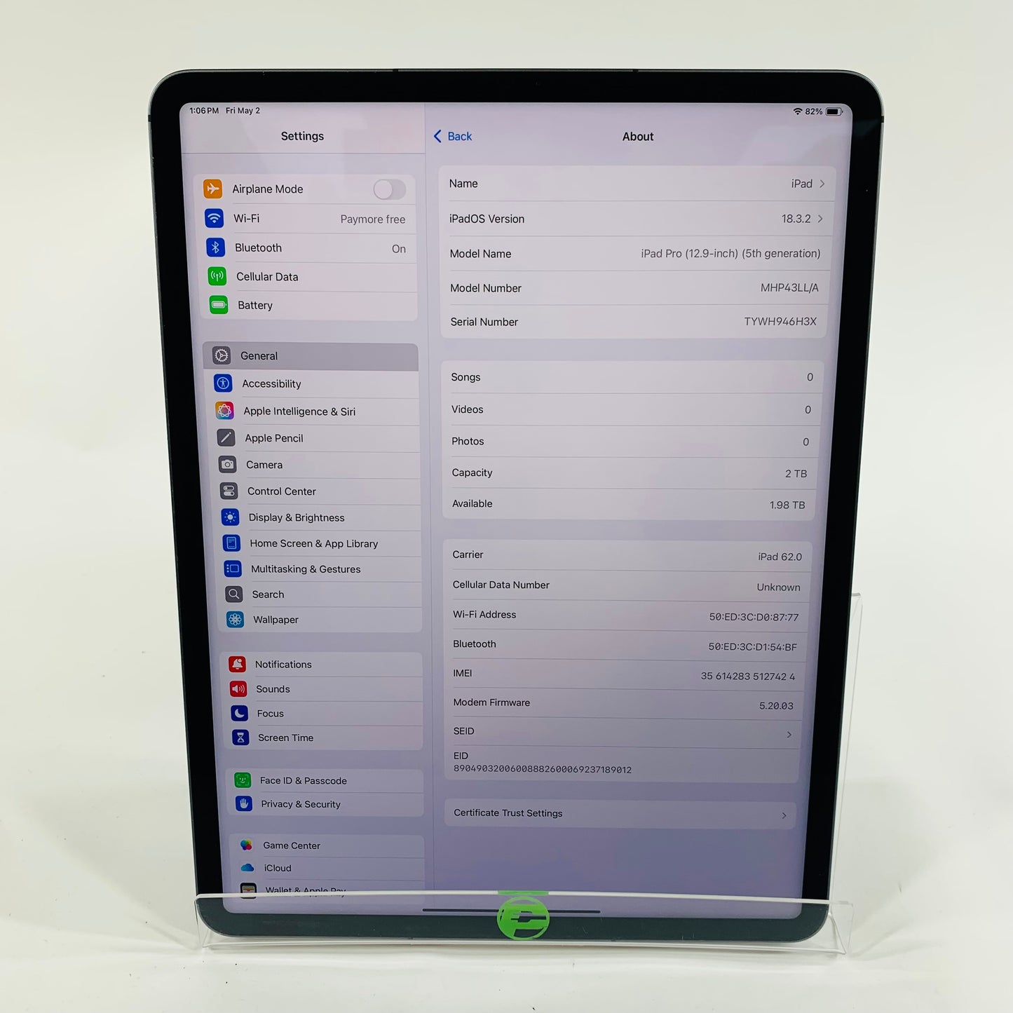 Unlocked Apple iPad Pro 12.9" 5th Gen 2TB 18.3.2 Silver MHP43LL/A