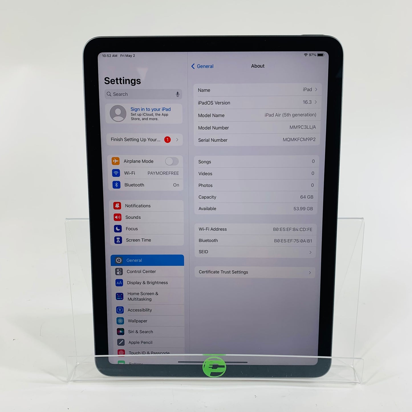 WiFi Only Apple iPad Air 5th Gen 64GB 16.3 SPACE GRAY MM9C3LL/A