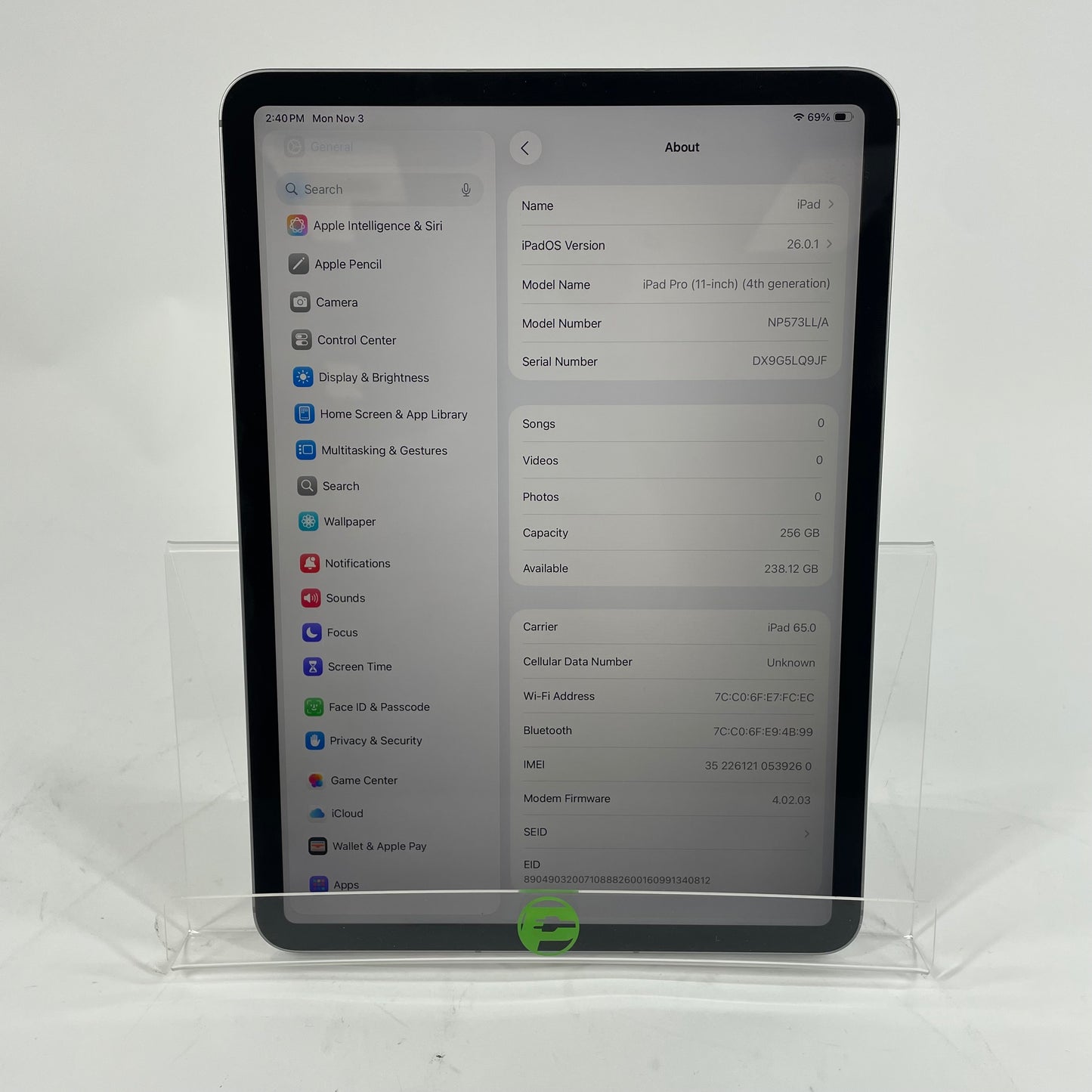 Unlocked Apple iPad Pro 11" 4th Gen 256GB Space Gray NP573LL/A