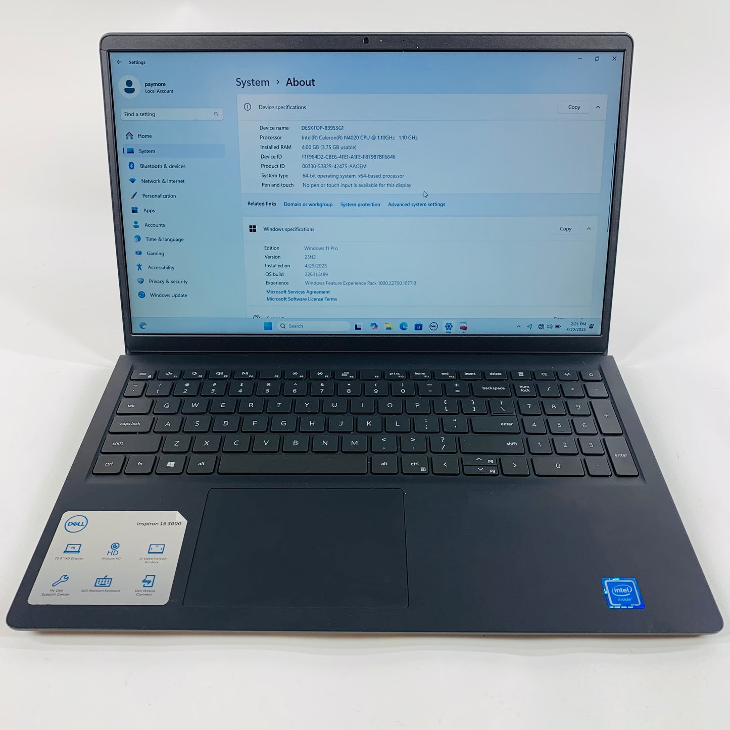 Dell Inspiron 15 3510 gf2hr 13.5" Celeron N4020 1.1GHz 4GB RAM 128GB HDD
