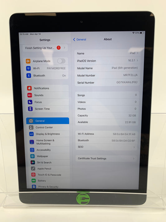 WiFi Only Apple iPad 6th Gen 32GB 16.3.1 SPACE GRAY MR7F2LL/A